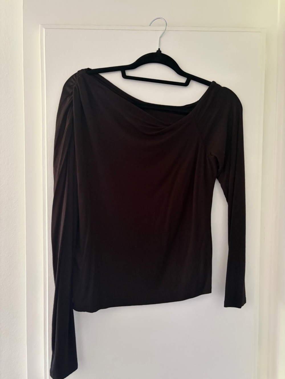 NA-KD Women's Black Long-Sleeve Draped Asymmetrical Neck Top